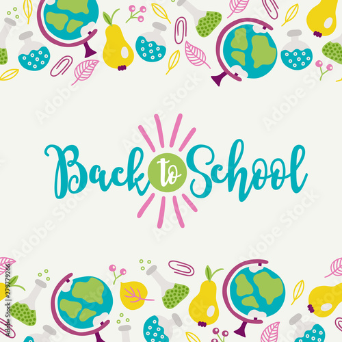 School greeting card with seamless border - globus, pear, clip, berry