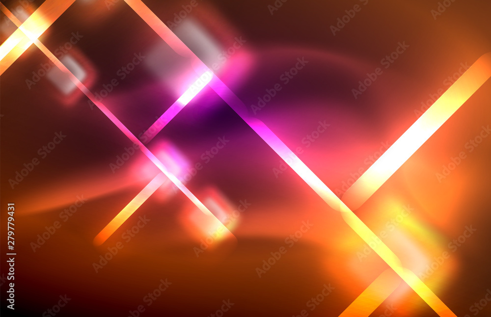 Neon square and line lights on dark background with blurred effects Neon square and line lights on dark background with blurred effects