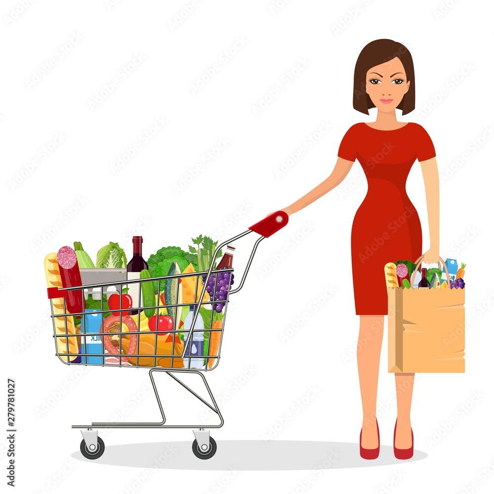 Woman shopping in supermarket. shopping cart. woman hold grocery paper