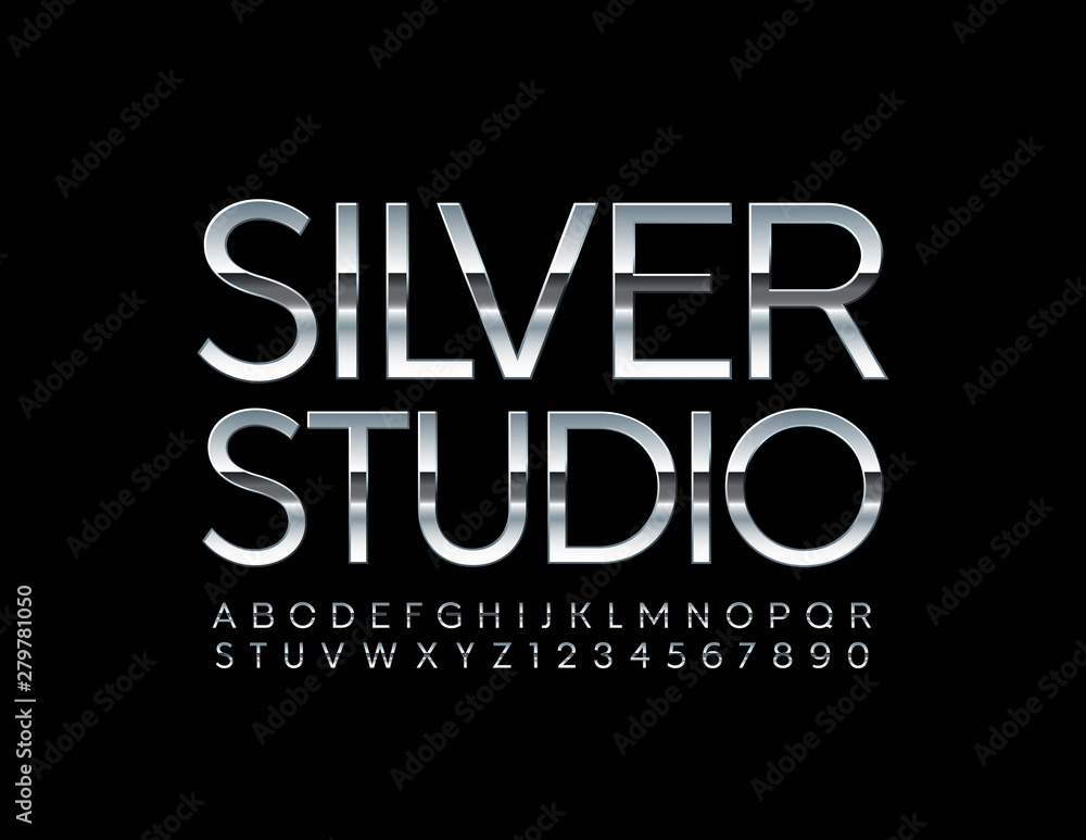 Fototapeta Vector reflective sign Silver Studio with thin Alphabet. Metallic Uppercase Font. Shiny chrome Letters and Numbers