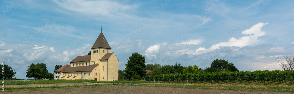 panorama view of the church of St. Georg on Reichenau island on Lake Constance