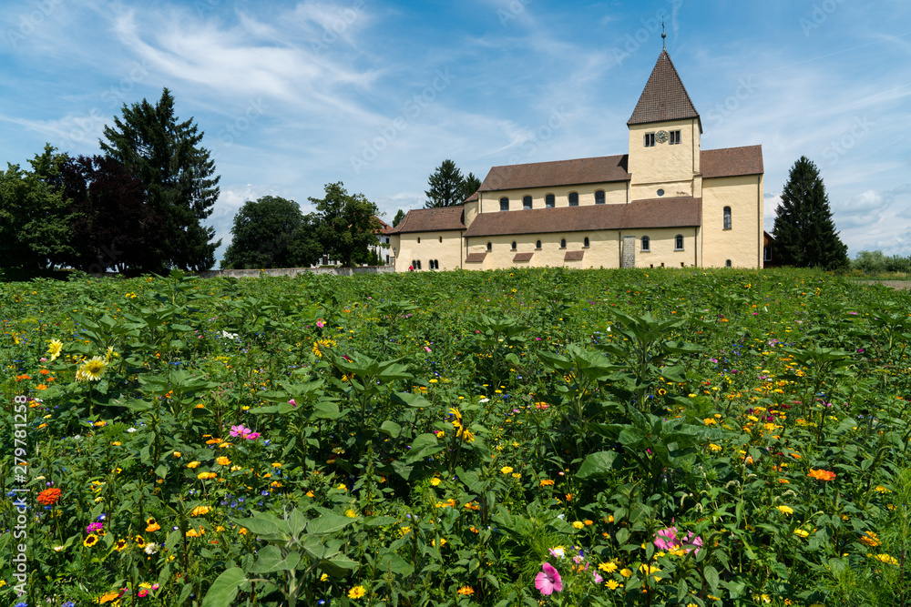 the church of St. Georg on Reichenau island on Lake Constance with colorful wildflowers in the foreground