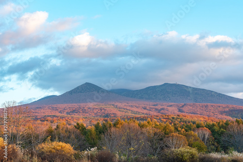 Autumn foliage scenery in Kayano-Kogen plateau, Aomori, Japan. Hakkoda Mountains on background bathed in different hues of red, orange, golden colors. Beautiful landscapes of magnificent fall colours