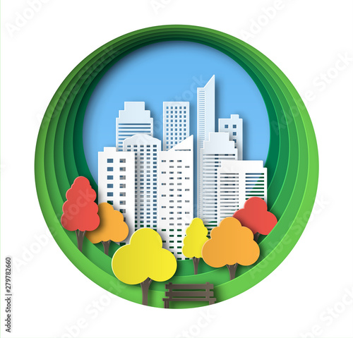 Paper landscape art style in autumnal city and park. Layered design outdoor recreation. Bench by the tree. Abstract circular background with skyscrapers and colorful trees.