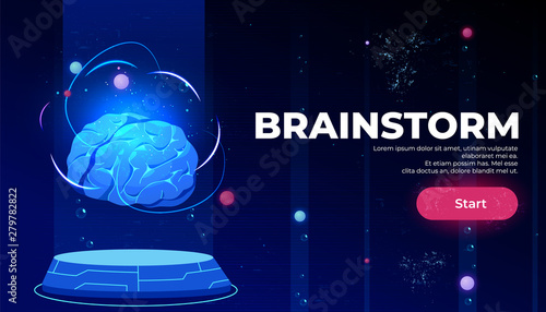 Brainstorm landing page, artificial intelligence technologies, glowing human brain levitate on antigravity platform on neon glowing futuristic background, Cartoon vector illustration, web banner