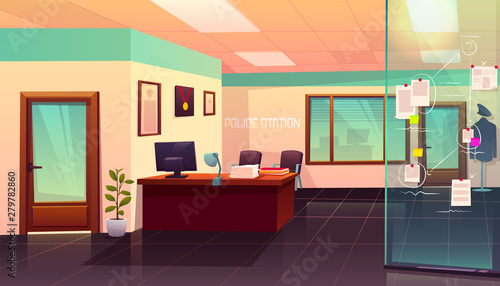 Evidence board in police station interior with glass door, table, computer, paper piles and mannequin with policeman uniform, crime investigation department empty room. Cartoon vector illustration