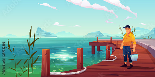 Fisherman on pier, young man in old clothing and cap holding metal bucket and rod stand on wooden wharf with ropes on picturesque lake background with mountains view. Cartoon vector illustration