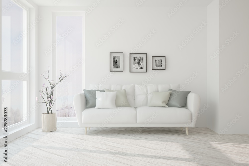 Stylish room in white color with sofa. Scandinavian interior design. 3D illustration