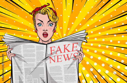 Pretty woman reading tabloid newspaper with anxious and scared face expression, fake news, panic, shocking stories, scaremongering. Vector illustration in pop art style.