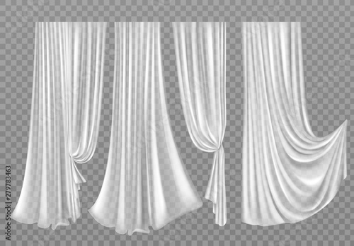 White curtains set isolated on transparent background. Folded cloth for window decoration, soft lightweight clear material, fabric hangings drapery of different forms. Realistic 3d vector illustration