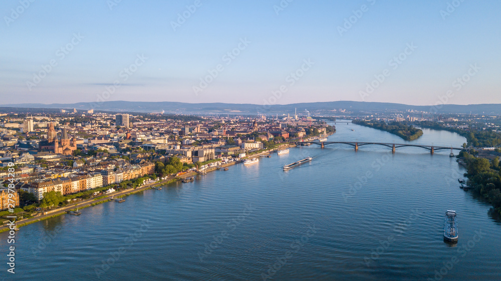 drone Aerial view of the City Mainz and  the River Rhine Germany  