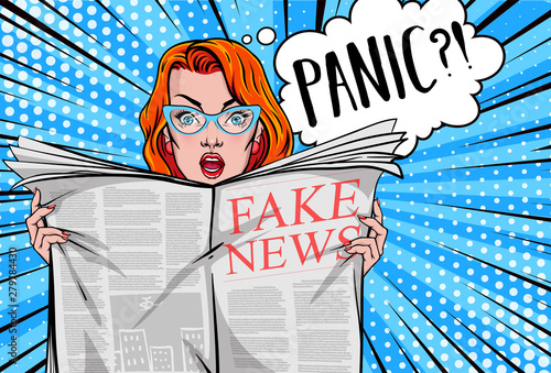 Pretty woman reading tabloid newspaper with anxious and scared face expression, fake news, panic, shocking stories, scaremongering. Vector illustration in pop art style.
