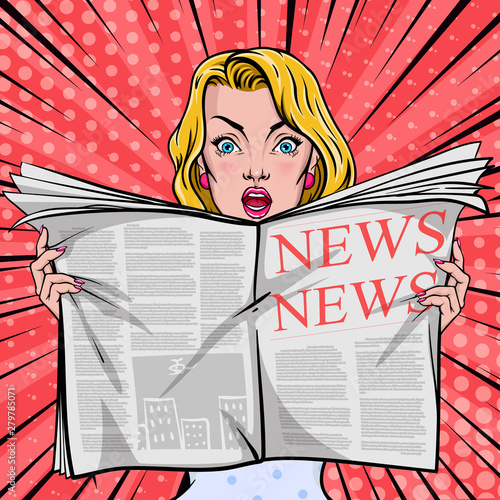 Pretty woman reading tabloid newspaper with anxious and scared face expression, fake news, panic, shocking stories, scaremongering. Vector illustration in pop art style.
