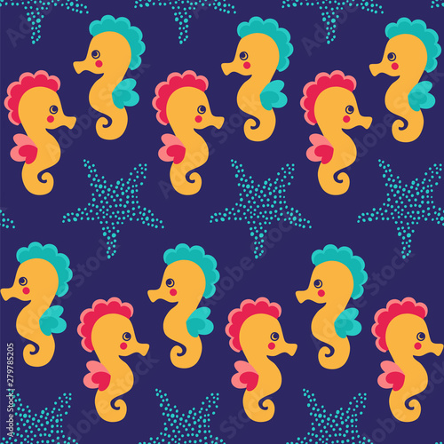 Seamless vector pattern with cute seahorses on a dark background.