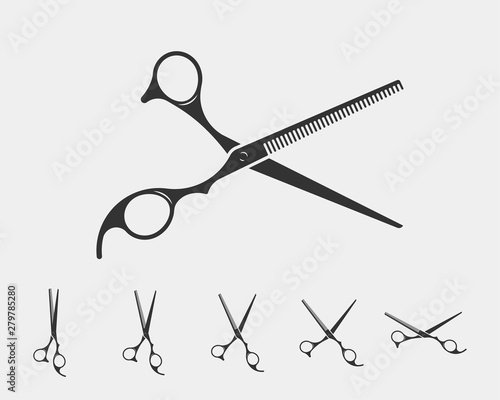 Set hair cut scissor icon. Scissors vector design element or logo template. Black and white silhouette isolated.