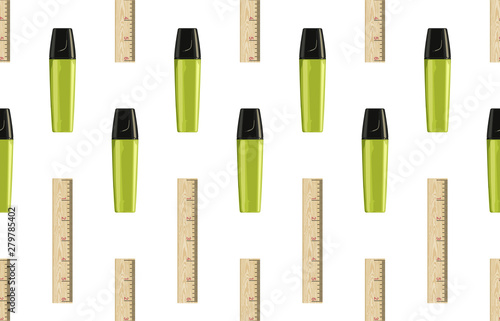 Seamless back to school pattern with colored markers and rulers.
