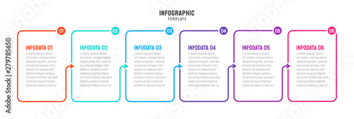 Thin line flat design label process. Business infographic with 6 steps, options, arrows, rectangle. Vector linear elements for presentation.