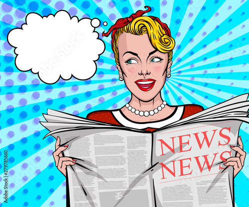Smiling woman reading tabloid newspaper with amused and happy face expression. Vector illustration in pop art style with halftone background.
