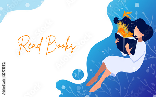 Flat art banner. Vector illustration of girl reading a book and dreaming up. Concept illustration of learning, distance studying and self education.