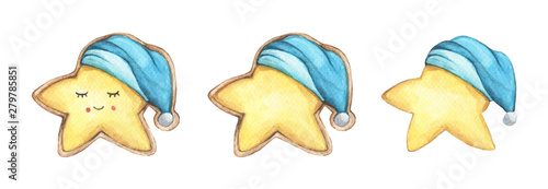 Set of Cute cookies star in nightcap. Isolated on white background. Hand drawn watercolor delicious cookies. Food illustration.