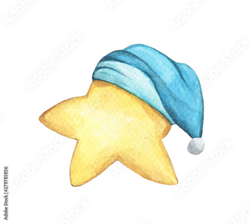 Yellow star in nightcap. Isolated on white background. Hand drawn watercolor illustration.