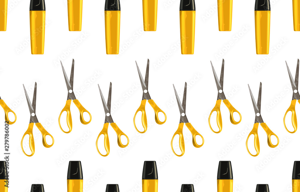 Bright back to school seamless pattern with highlighters and pairs of scissors. Bright back to school seamless pattern with highlighters and pairs of scissors.