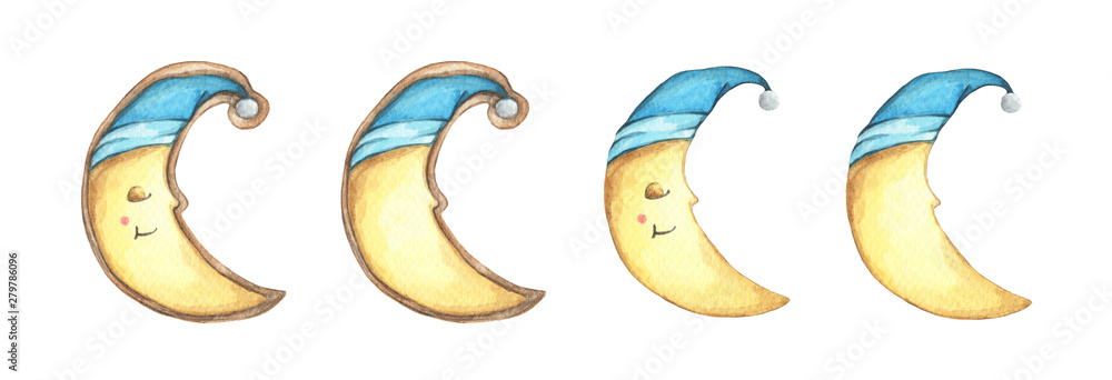 Set of Smile face cookies crescent moon in nightcap. Isolated on white background. Hand drawn watercolor delicious cookies. Food illustration. Set of Smile face cookies crescent moon in nightcap. Isolated on white background. Hand drawn watercolor delicious cookies. Food illustration.
