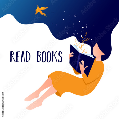 Flat art banner. Vector illustration of girl reading a book and dreaming up. Concept illustration of learning, distance studying and self education.