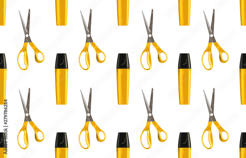 Obraz premium Bright back to school seamless pattern with highlighters and pairs of scissors.
