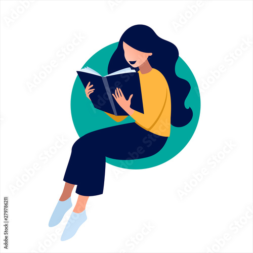 Vector illustration of girl reading a book in flat art style with circle background. Concept illustration of learning, distance studying and self education.