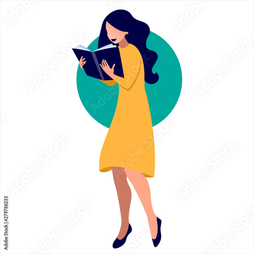 Vector illustration of girl reading a book in flat art style with circle background. Concept illustration of learning, distance studying and self education.