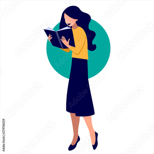 Vector illustration of girl reading a book in flat art style with circle background. Concept illustration of learning, distance studying and self education.