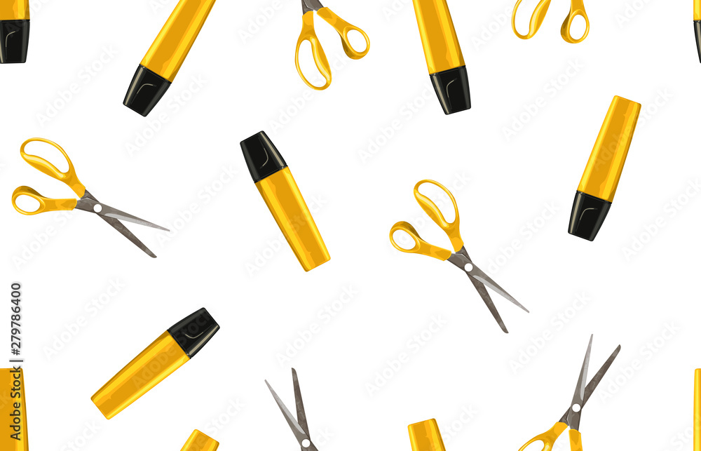 Bright back to school seamless pattern with highlighters and pairs of scissors. Bright back to school seamless pattern with highlighters and pairs of scissors.