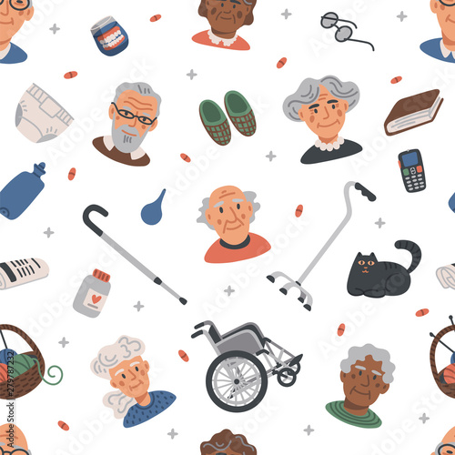 Seamless pattern with Old people. Portraits of Elderly persons and nursing home items on white background, medical care concept. Nursing home. Senior people healthcare assistance flat Vector