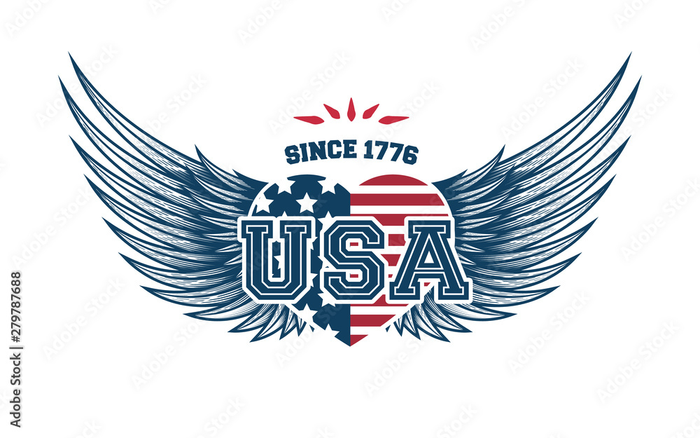 USA independence day greeting typographic label design. Vector illustration of heart with wings for badges, tags, greeting cards, banners, background. Fourth of July emblem. USA independence day greeting typographic label design. Vector illustration of heart with wings for badges, tags, greeting cards, banners, background. Fourth of July emblem.