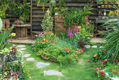 Landscaped backyard flower garden of residential house