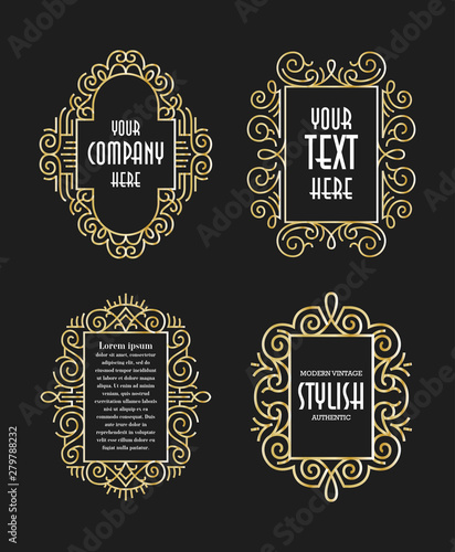 Beautiful Set Vintage Ornament Golden Exclusive Line Art Minimalist Badges Luxury Label Design Elements