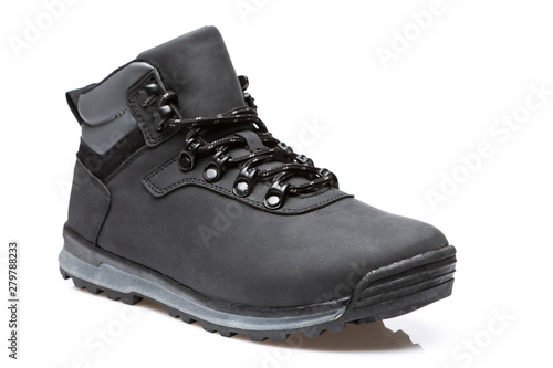 male leather boot, on a white background, blue autumn shoes