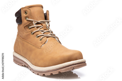 yellow men's boot from nubuck leather, on a white background, autumn or winter shoes, isolate