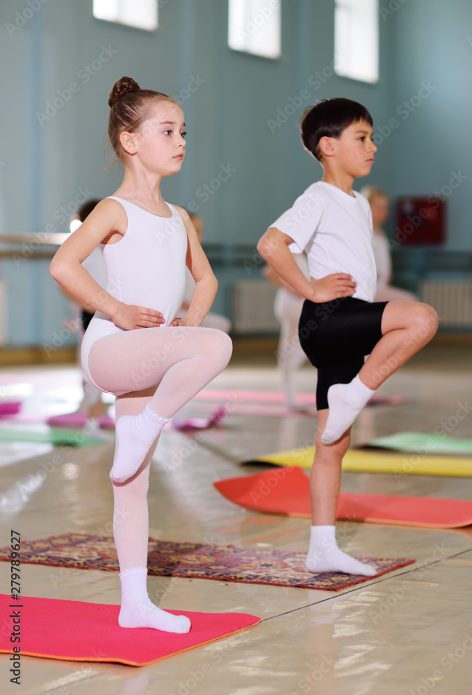 Obraz premium The training of young dancers in the ballet studio. Young dancers perform gymnastic exercises during a warm-up in the classroom. Sport, gymnastics, child development