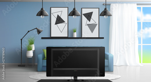 Living room interior with couch in front of TV, empty house apartment background, lamps, plants, white curtains on window, painting on blue wall, design visualization. Realistic 3d vector illustration