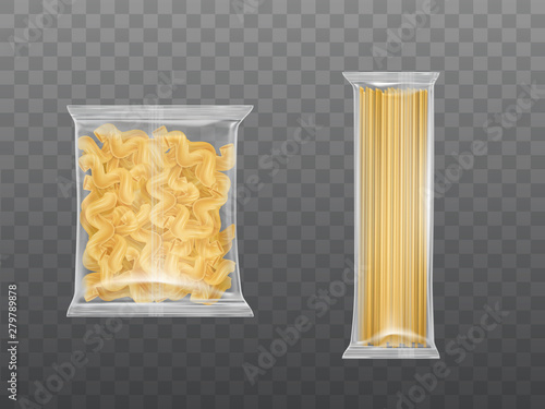 Pasta in limpid package set, dry packaged fusilli macaroni spirals and spaghetti isolated on transparent background, design elements for food advertising. Realistic 3d vector illustration, clip art