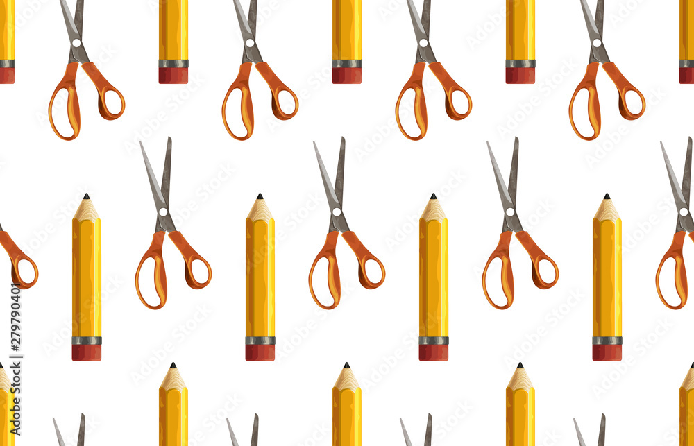 Seamless pattern of yellow pencil and pair of scissors. Seamless pattern of yellow pencil and pair of scissors.