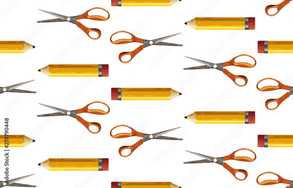 Seamless pattern of yellow pencil and pair of scissors. Seamless pattern of yellow pencil and pair of scissors.