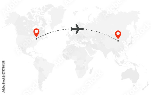 Airplane line path. Air plane flight route with start point and dash line trace. Plane icon over world map. Vector concept illustration.