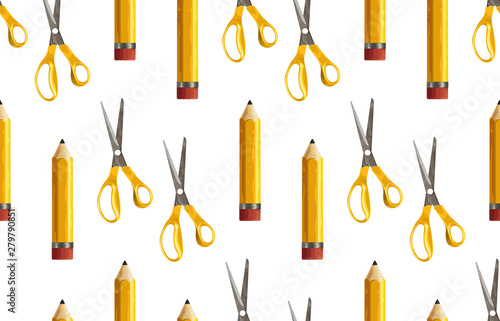 Seamless pattern of yellow pencil and pair of scissors.