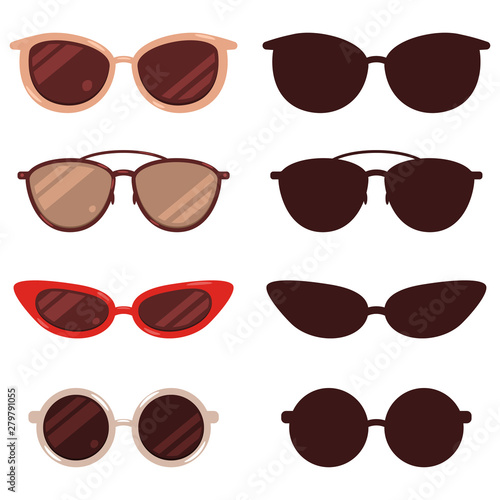 Sunglasses vector cartoon and silhouette set isolated on white background.