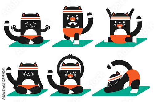 Cute black cat doing yoga poses exercises. Funny vector cartoon pet character set isolated on white background.