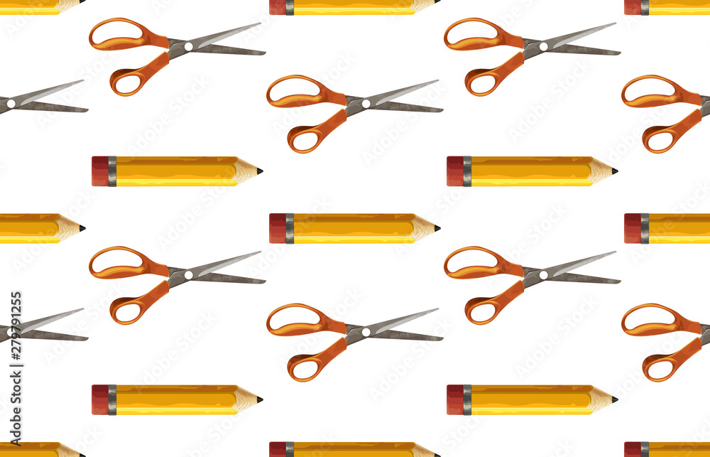 Seamless pattern of yellow pencil and pair of scissors. Seamless pattern of yellow pencil and pair of scissors.