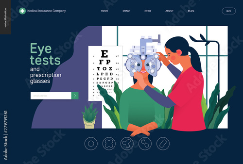 Medical tests template - eye tests and prescription glasses -modern flat vector concept digital illustration of eye test procedure -a female patient and a doctors with phoropter, ophthalmologic office